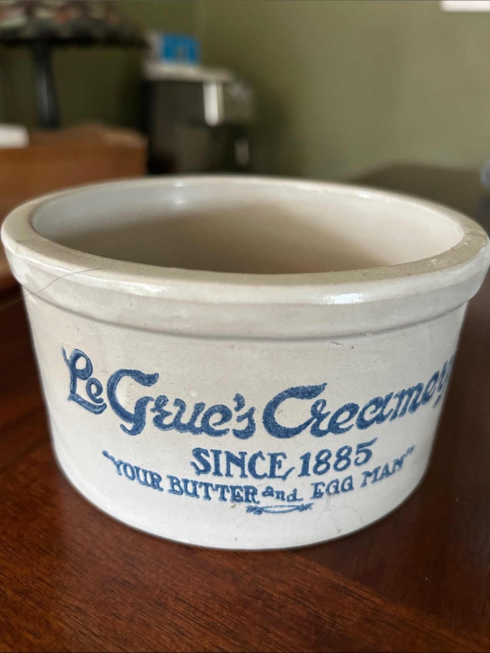 Le Grue's Creamery Stoneware Crock - Cream with Blue Lettering